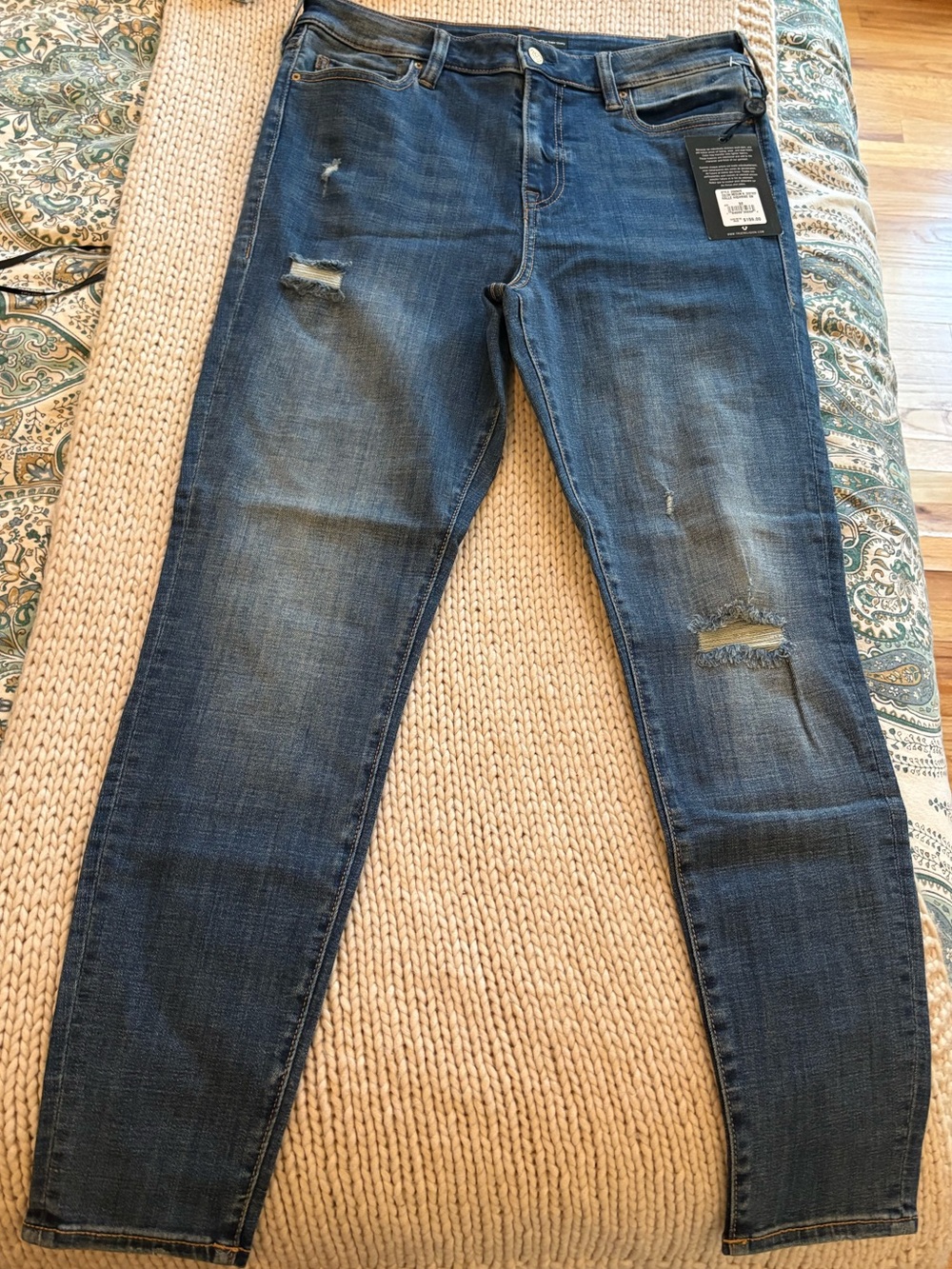 True Religion Women's Skinny Jeans in Dark Blue Distressed Wash